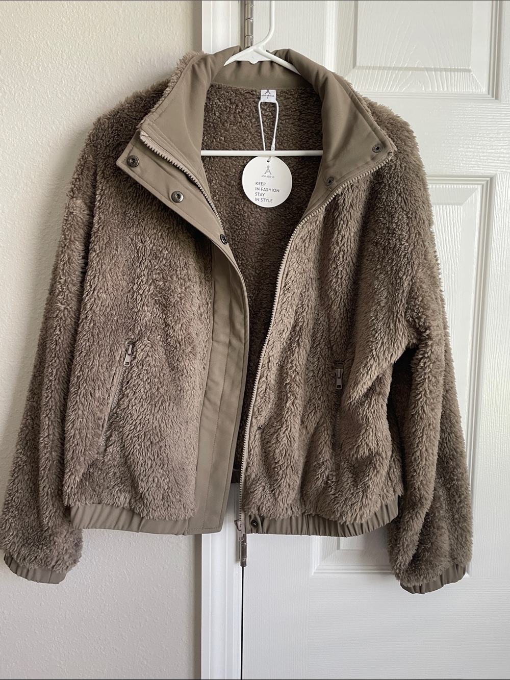 Women’s Taupe Plush Teddy Zip-Front Jacket